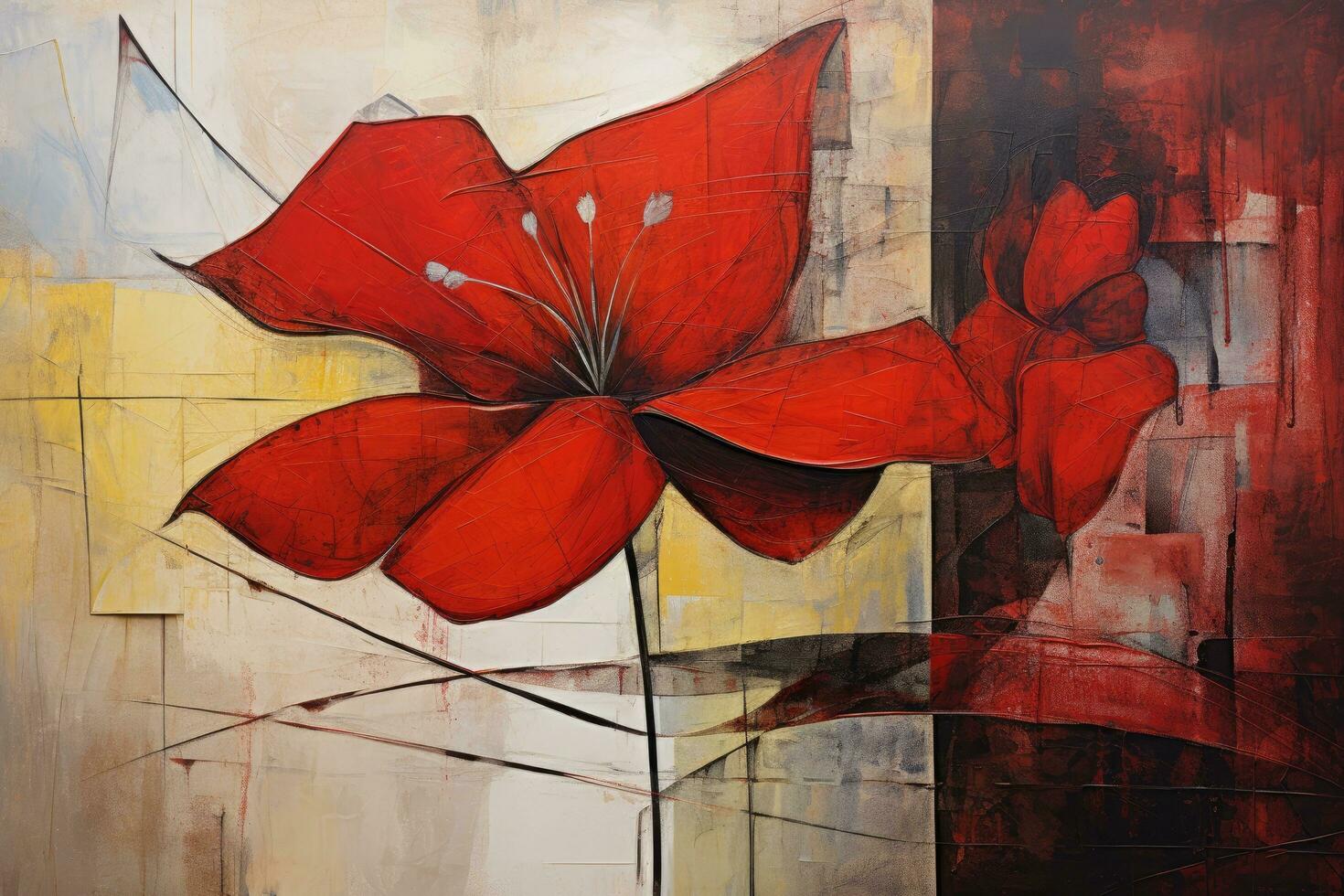 AI generated art grunge red flower on abstract textured concrete wall for background, Abstract expressionist oil painting of a red flower with an abstract layout, AI Generated photo