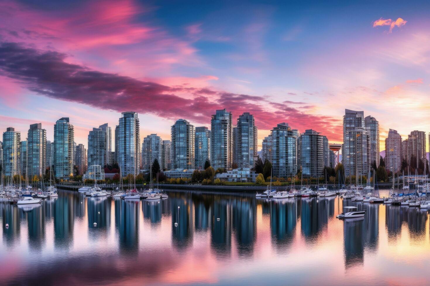 AI generated Vancouver waterfront at sunset, Vancouver, America, Beautiful view of the downtown Vancouver skyline, British Columbia, Canada, AI Generated photo