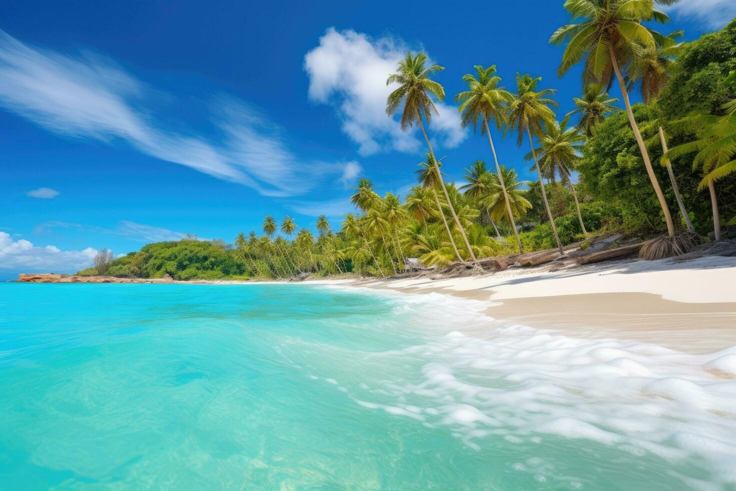 AI generated Beautiful beach at Seychelles, Praslin island, Beautiful tropical Barbados island, View of the golden beach with palms and crystal clear water, AI Generated photo