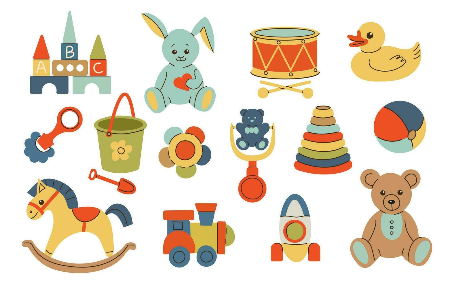 Various isolated toys for kids. Ball, drum, wooden train, bunny, rocking horse, teddy bear, toy blocks, rattles. Childhood, children games, preschool activities concept. Hand drawn vector set.