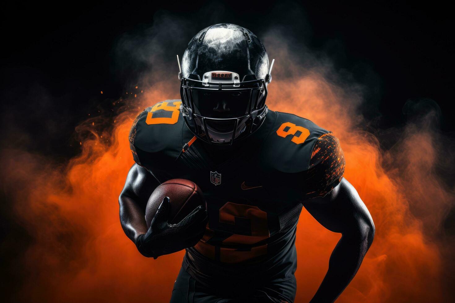 AI generated Portrait of a serious american football player holding ball against black background, An American football player in a helmet holding a rugby ball, AI Generated photo