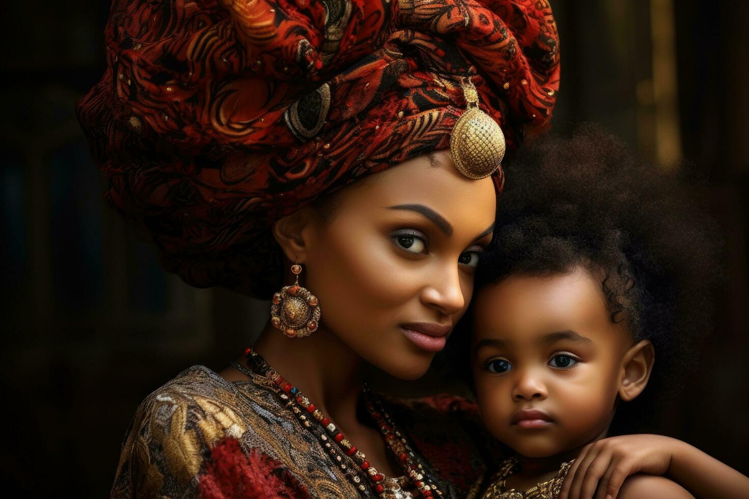 AI generated African American mother with her little daughter in a turban on her head, An African American mother and daughter, AI Generated photo