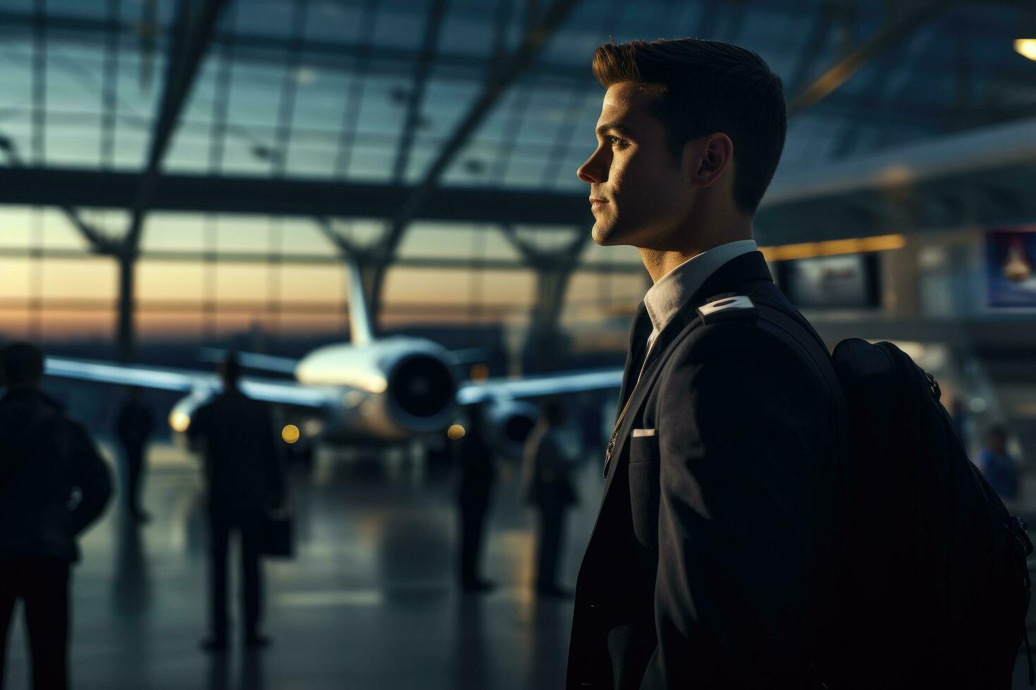 AI generated Young businessman standing in the airport terminal, looking into the distance, An airplane pilot at the airport, AI Generated photo