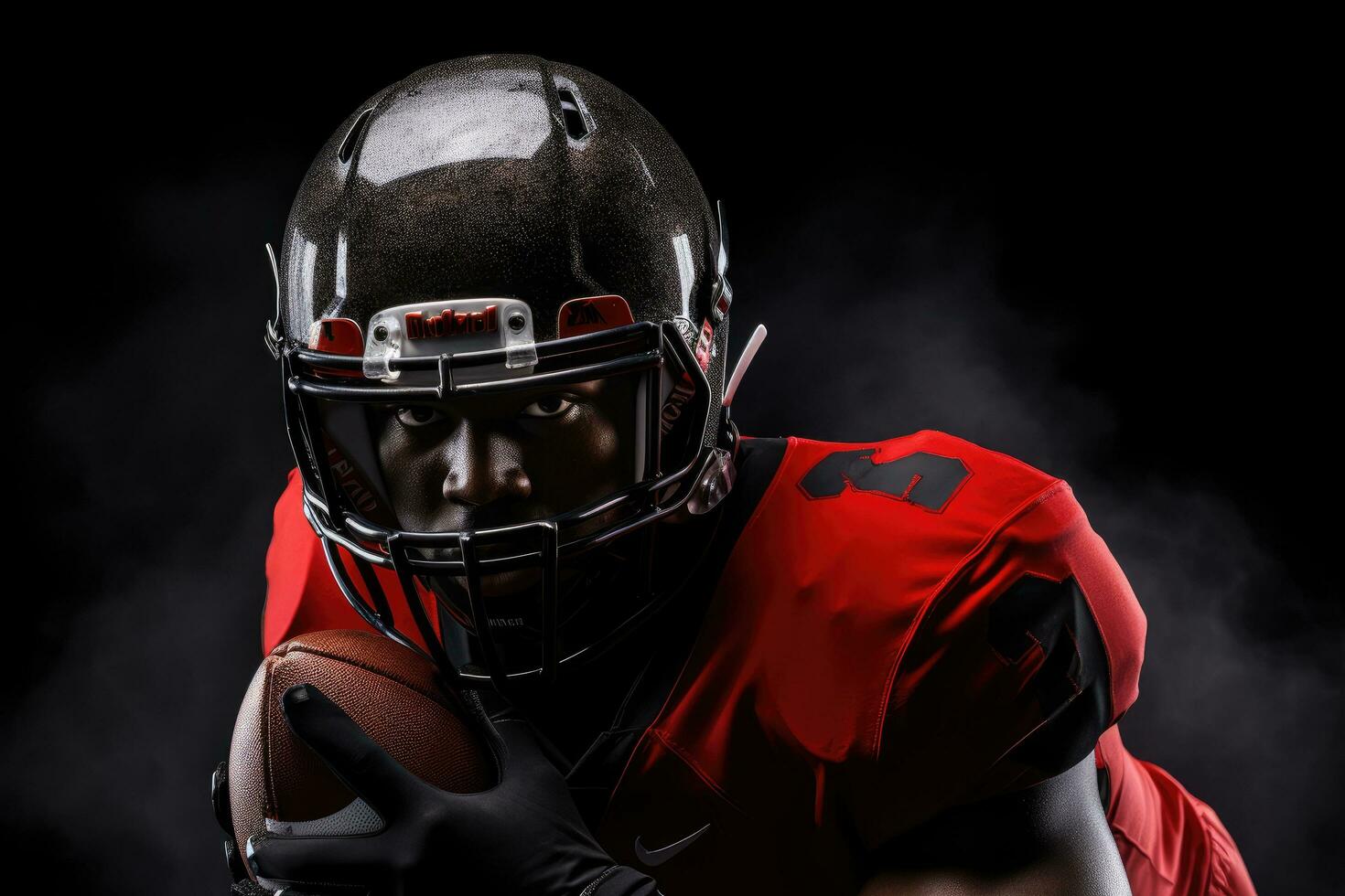 AI generated American football player in helmet and jersey on black background with orange smoke, An American football player in a helmet holding a rugby ball, AI Generated photo
