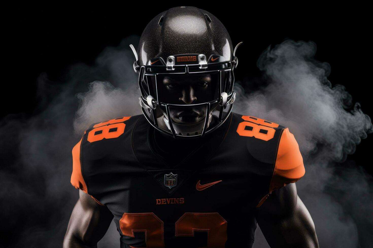 AI generated American football player in helmet holding ball on black background with smoke, An American football player in a helmet holding a rugby ball, AI Generated photo