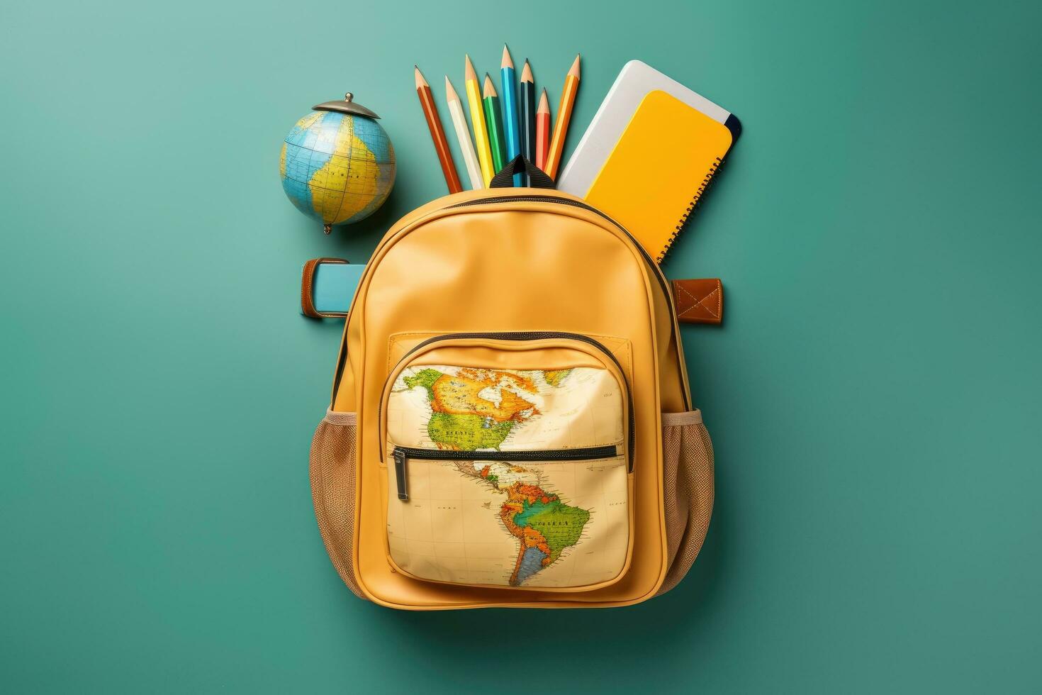AI generated School backpack with stationery on color background. Back to school concept, Back-to-school concept, Backpack with school supplies, Top view, AI Generated photo