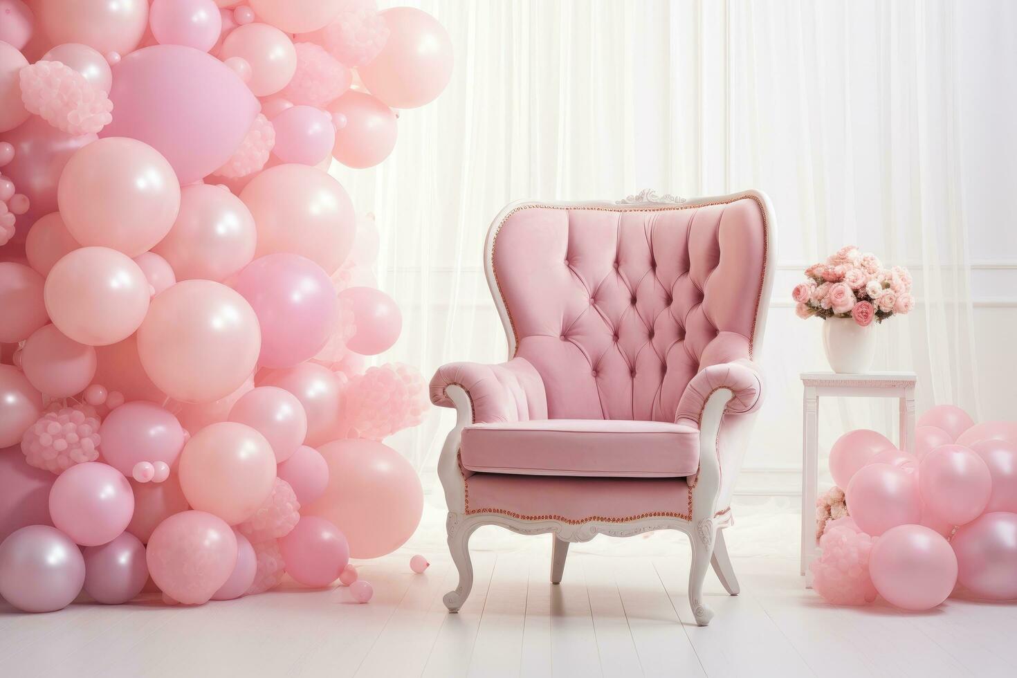 AI generated Pink vintage armchair with pink balloons on the background of the wallBeautifully decorated armchair and balloons for a baby shower party, AI Generated photo