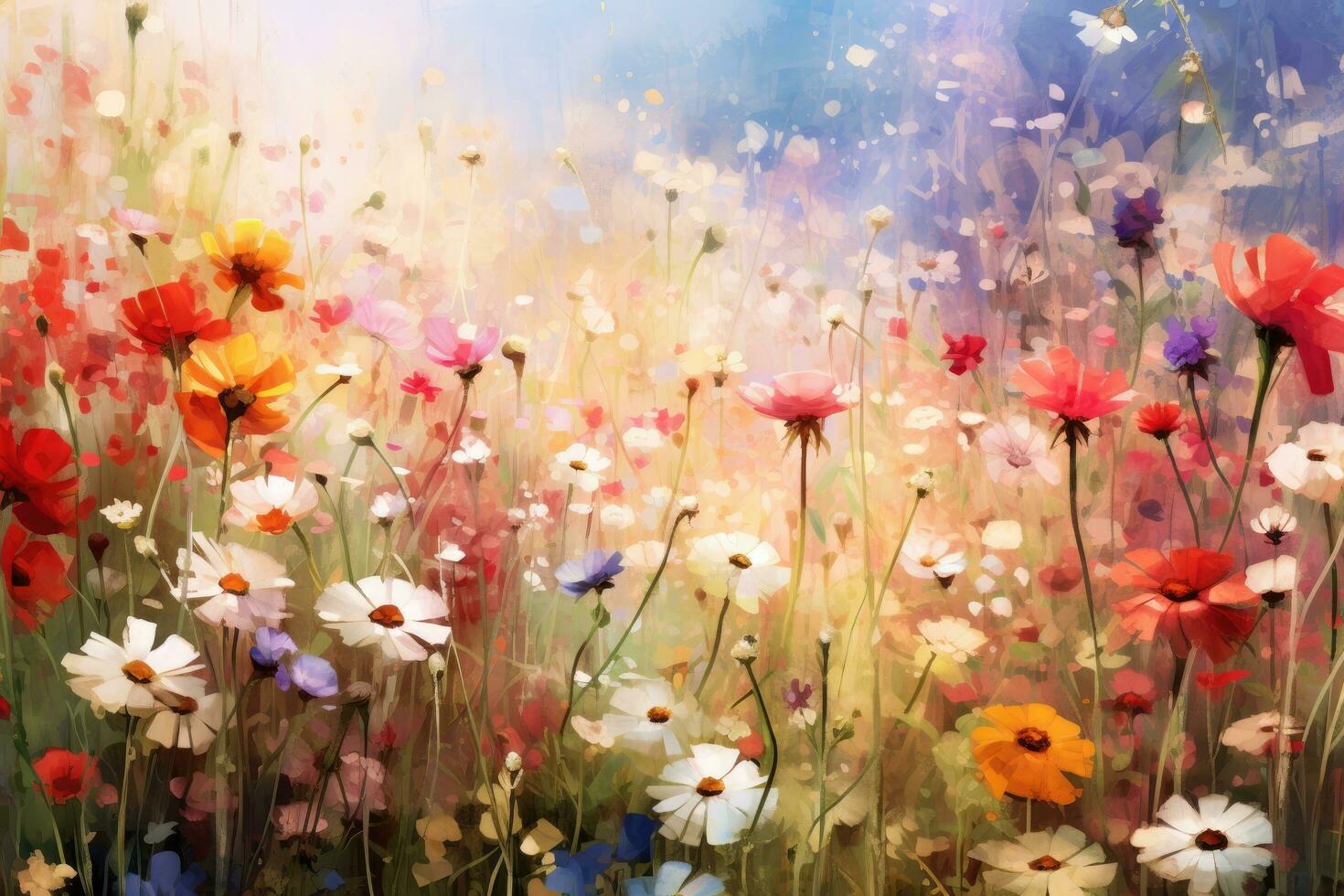 AI generated Flower meadow with clouds and sky background. Vector illustration, Beautiful digital art realistic painting of a meadow full of wildflowers, AI Generated photo