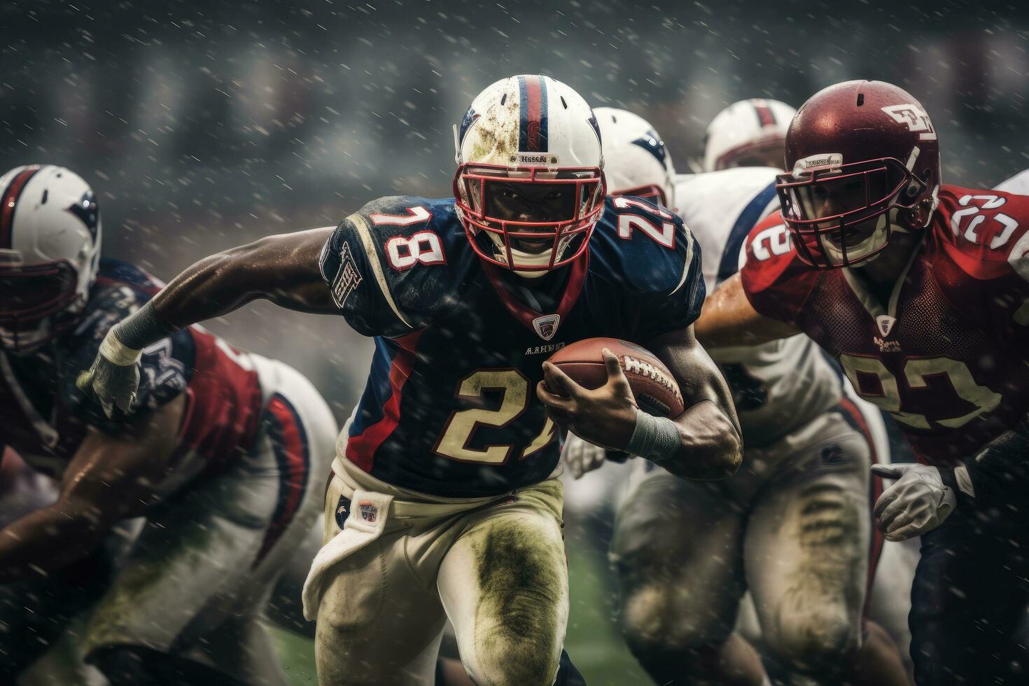 AI generated American football players fighting for ball in action on black background with smoke, American football players in a Super Bowl game, AI Generated photo