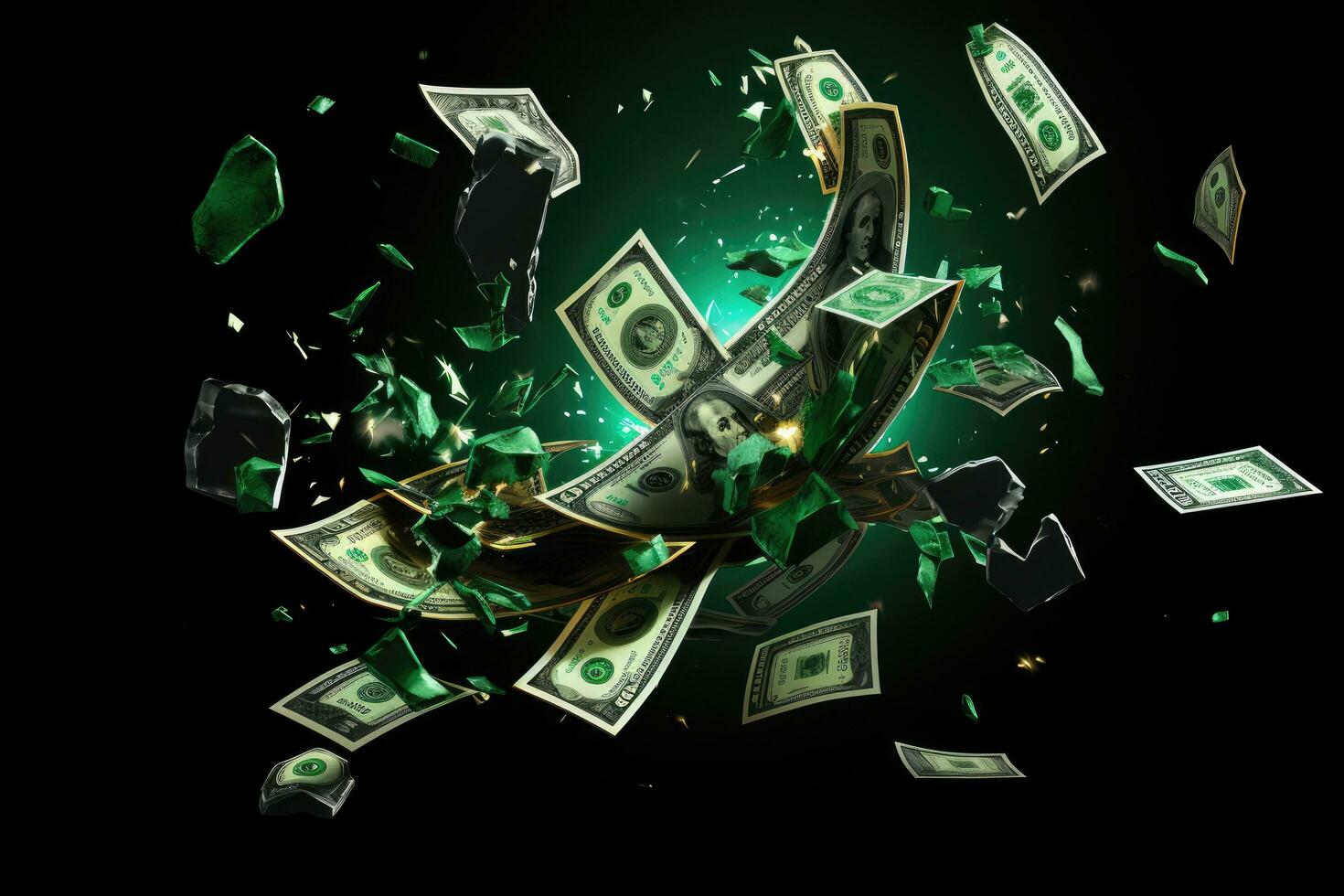 AI generated Money explosion with flying dollar bills on black background. 3D illustration, An abstract digital illustration of a falling dollar sign, AI Generated photo