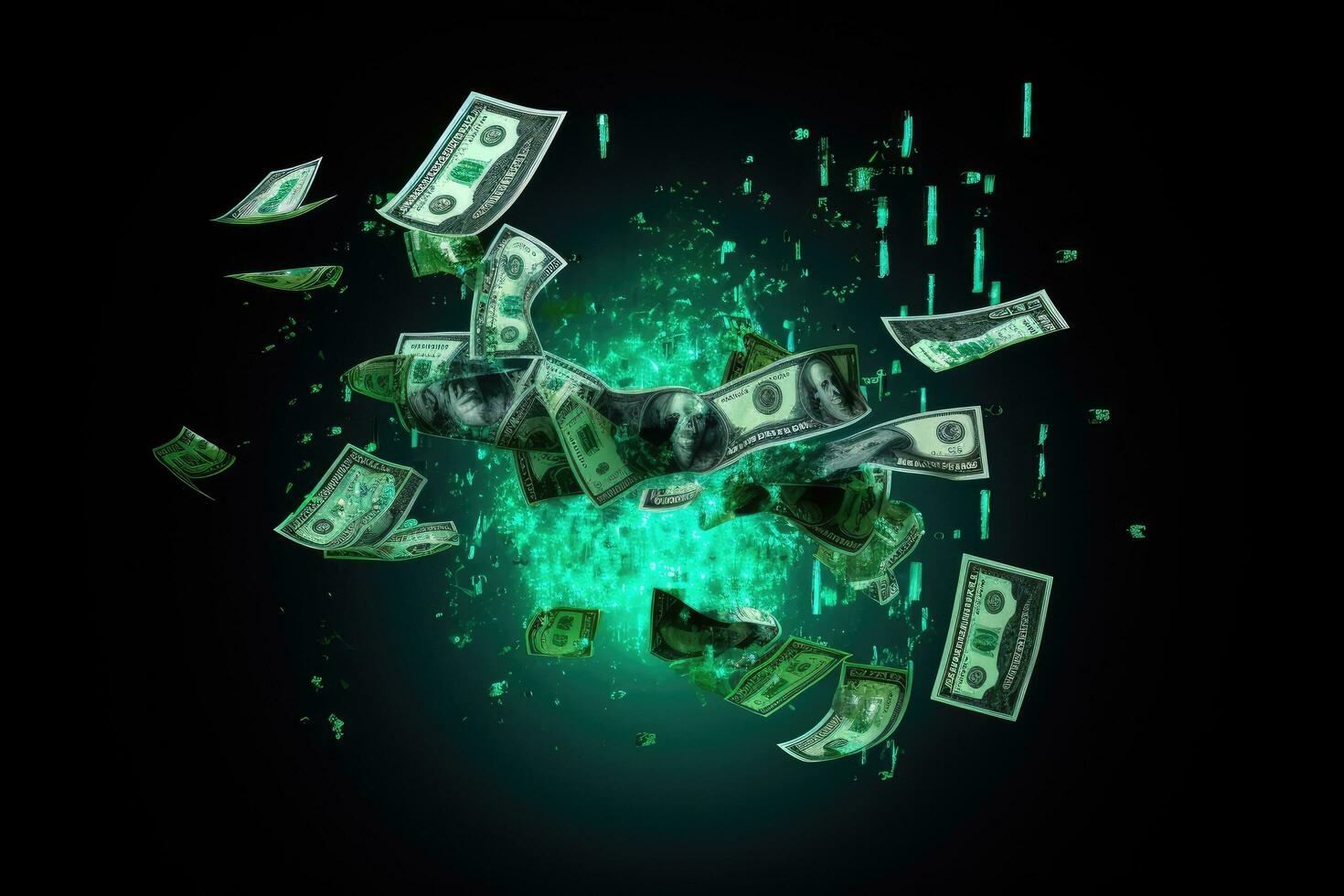 AI generated Flying dollar bills on black background. 3d illustration. Money concept, An abstract digital illustration of a falling dollar sign, AI Generated photo