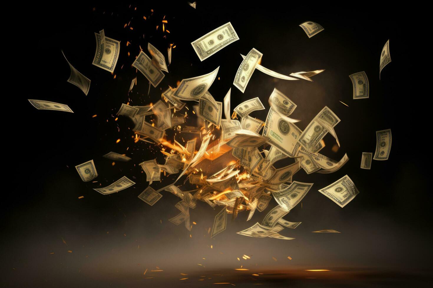 AI generated Burning dollar banknotes flying in the air. 3d rendering, An abstract digital illustration of a falling dollar sign, AI Generated photo