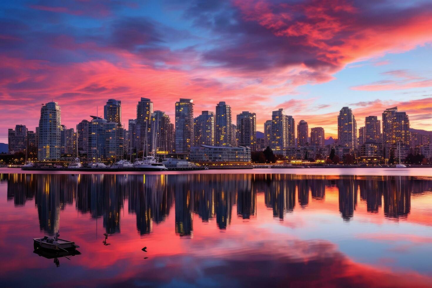 AI generated Downtown Vancouver, British Columbia, Canada skyline at sunset with reflection, Beautiful view of the downtown Vancouver skyline, British Columbia, Canada, AI Generated photo