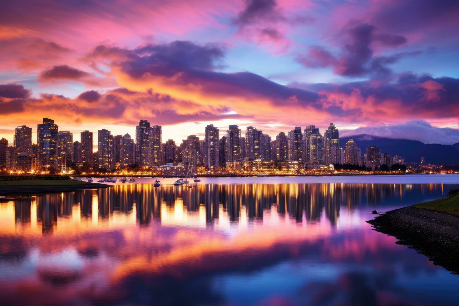 AI generated Beautiful cityscape with reflection in the lake at twilight time, Beautiful view of Vancouver, British Columbia, Canada, AI Generated photo