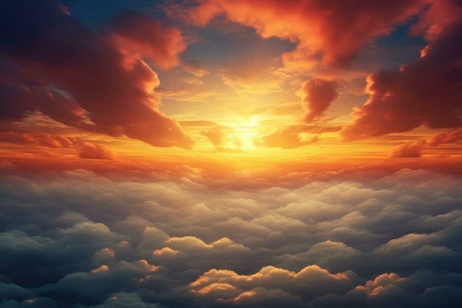 AI generated Aerial view of beautiful sunset above the clouds. Nature background, Beautiful sunset in the sky with clouds and the sun, AI Generated photo