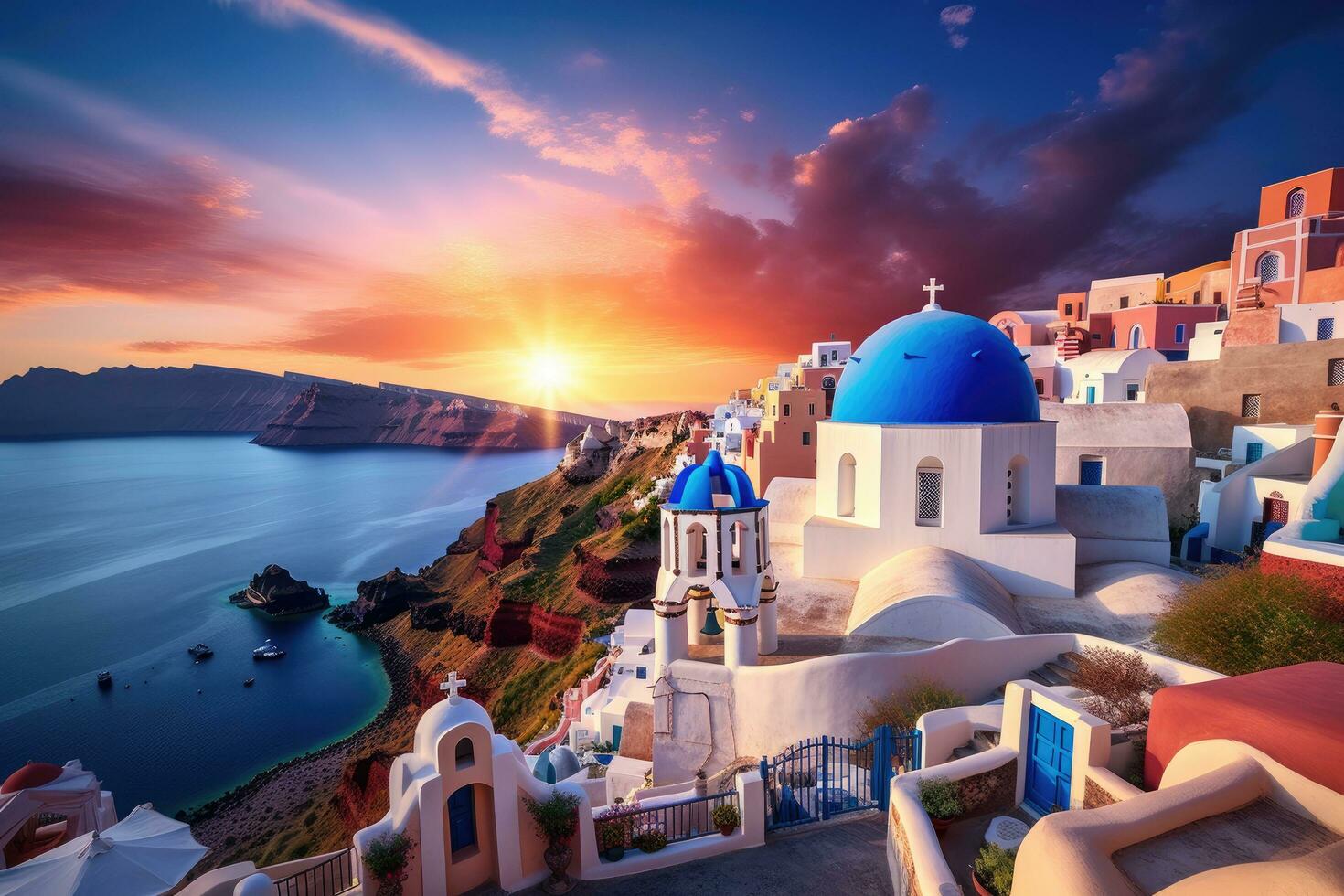 AI generated Beautiful sunset over Oia village on Santorini island, Greece, Beautiful view of Churches in Oia village, Santorini island in Greece at sunset, with a dramatic sky, AI Generated photo