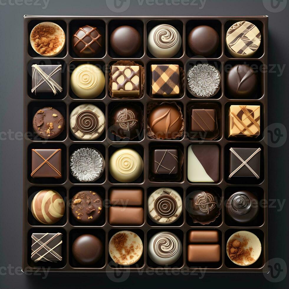 ai generado romántico San Valentín día regalo. chocolate pralinés. lujo chocolate caramelo caja. delicioso postre. elegante San Valentín día chocolate regalos para alguien especial. prima chocolate caramelo. foto