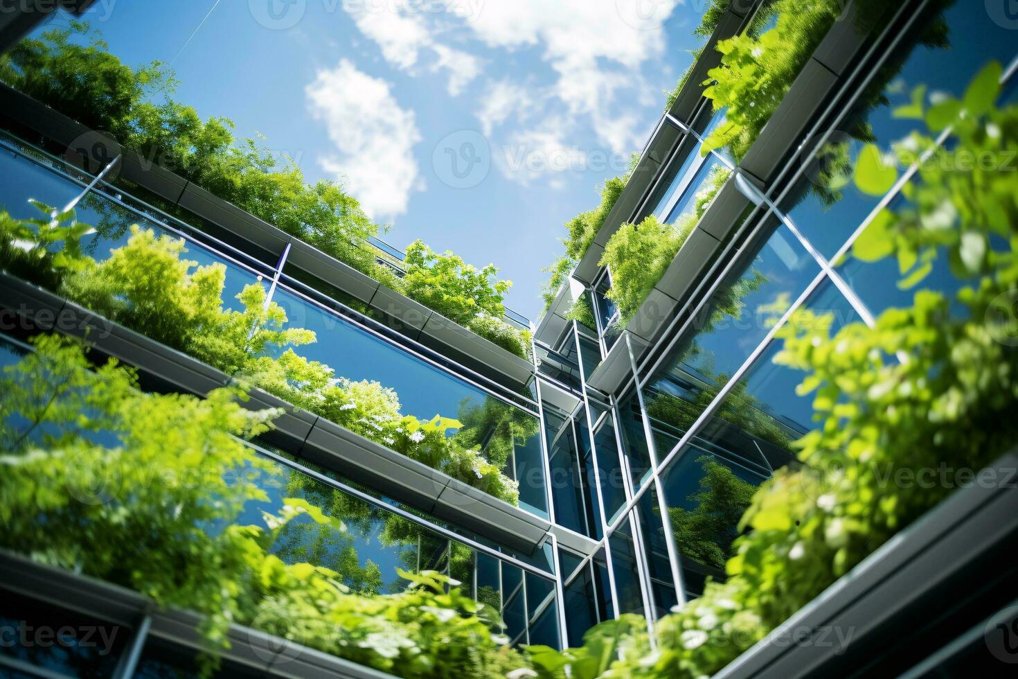 AI generated Eco-friendly building in the modern city. Sustainable glass office building with tree for reducing carbon dioxide. Office building with green environment. Corporate building reduce CO2. photo
