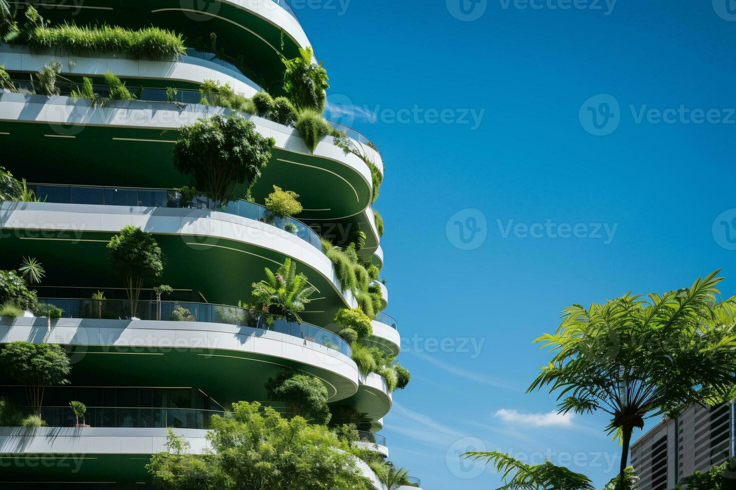 AI generated Eco-friendly building in the modern city. Sustainable glass office building with tree for reducing carbon dioxide. Office building with green environment. Corporate building reduce CO2. photo