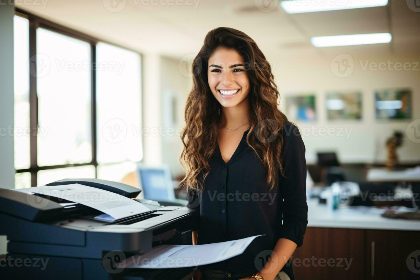 AI generated Office worker prints paper on multifunction laser printer. Document and paperwork concept. Secretary work. Smiling woman working in business office. Copy, print, scan, and fax machine. photo