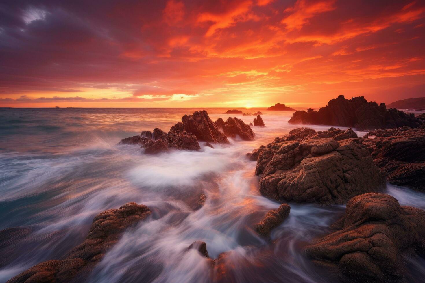 ai generado hermosa marina a puesta de sol. naturaleza composición. largo exposición, hermosa marina a puesta de sol capturado mediante un largo exposición disparo, ai generado foto