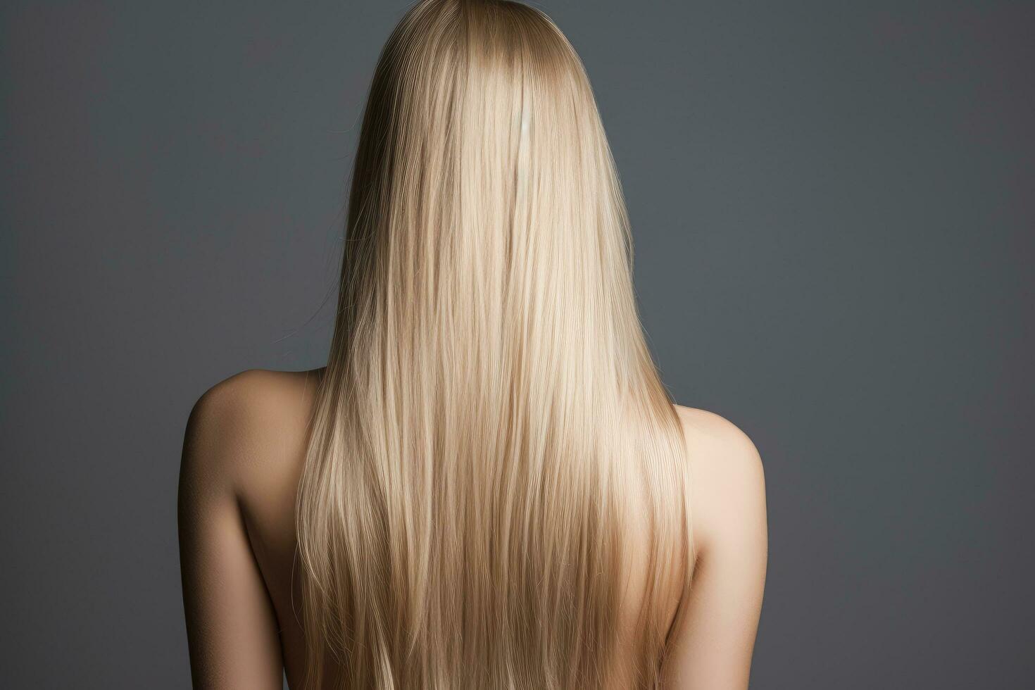 AI generated back view of blonde woman with long straight hair on grey background, studio shot, Beautiful woman with long straight hair, viewed from the rear, Blond girl, AI Generated photo