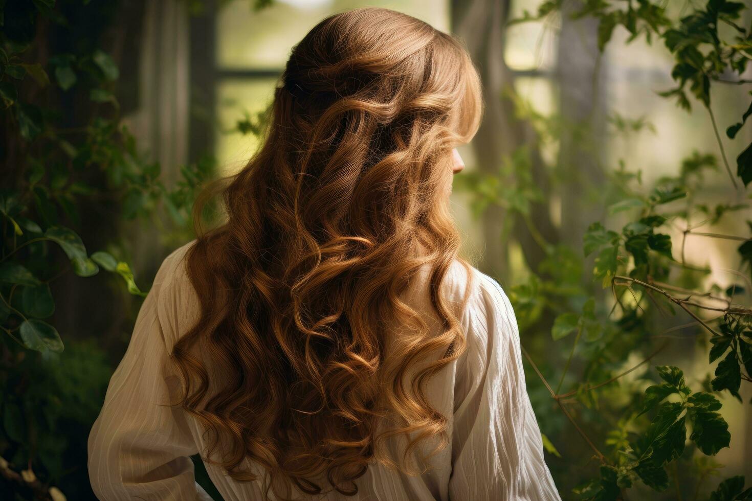 AI generated Portrait of beautiful young woman with long curly hair in the garden, Beautiful young woman with long hair viewed from the rear, AI Generated photo