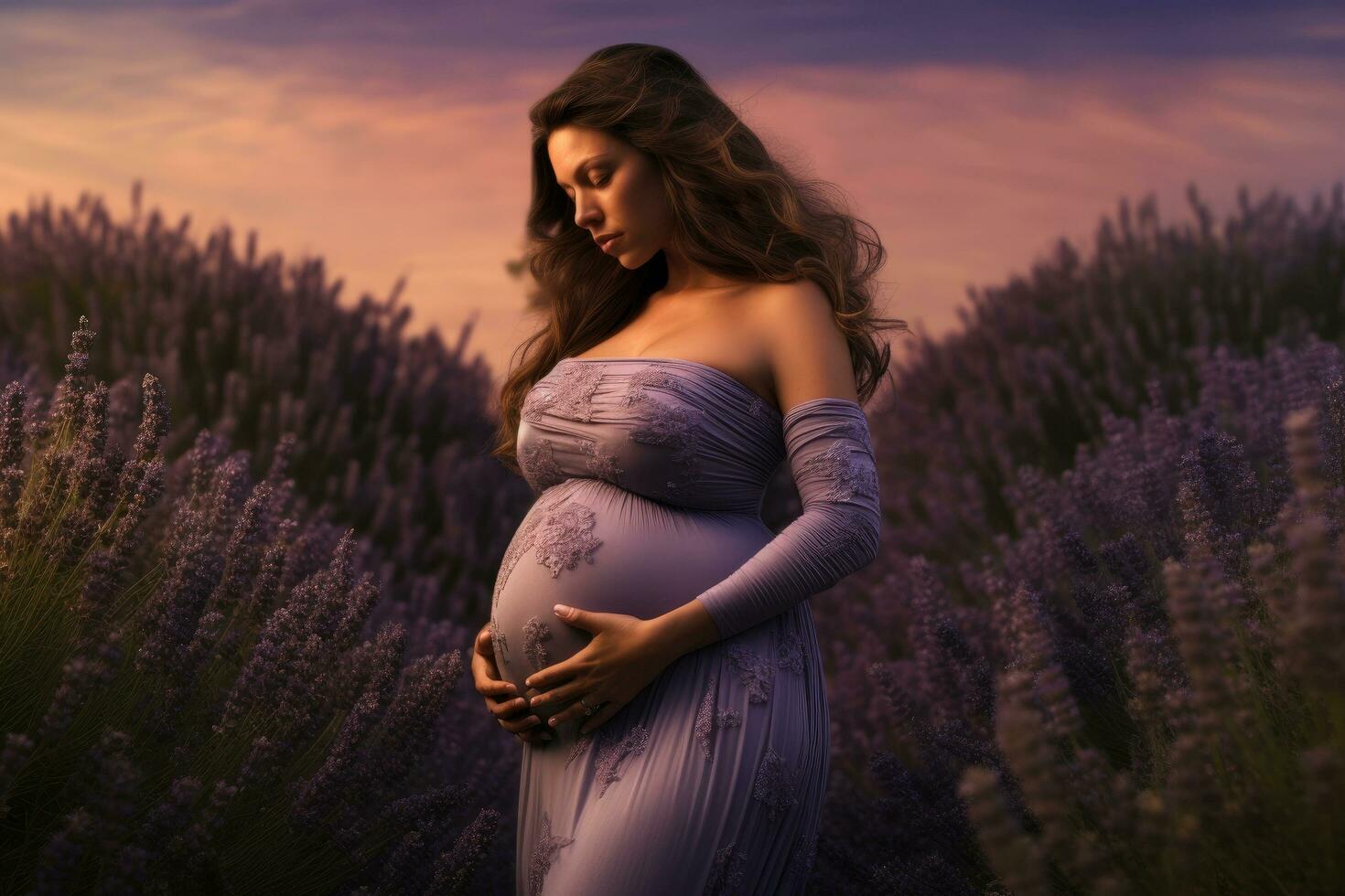 AI generated Beautiful pregnant woman in lavender field at sunset. 3d rendering, Belly of a pregnant woman in a lavender field, AI Generated photo