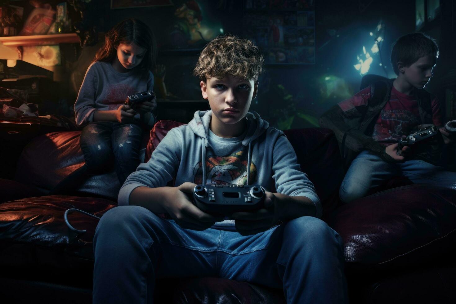 AI generated Young boy playing video game with his friends in a dark room, A boy playing video games with friends at home, AI Generated photo