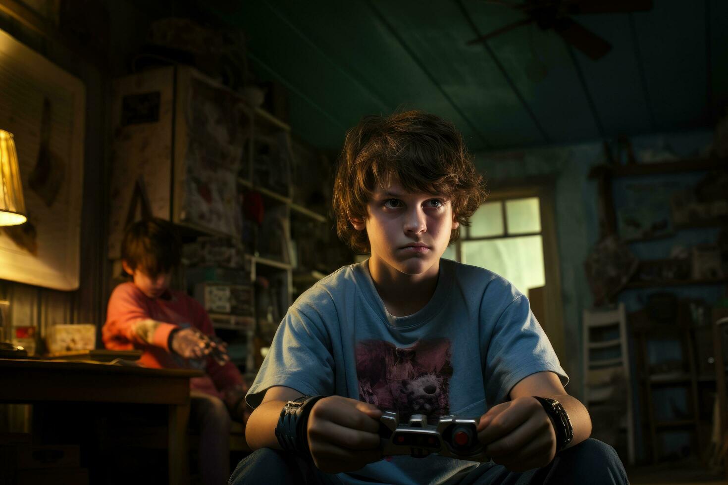 AI generated Boy playing video games at home in the evening with his friends in the background, A boy playing video games with friends at home, AI Generated photo