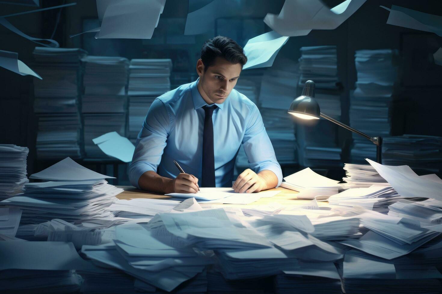 AI generated Businessman sitting at his working place full of paper documents and making notes, A businessperson doing paperwork note workplace data, AI Generated photo