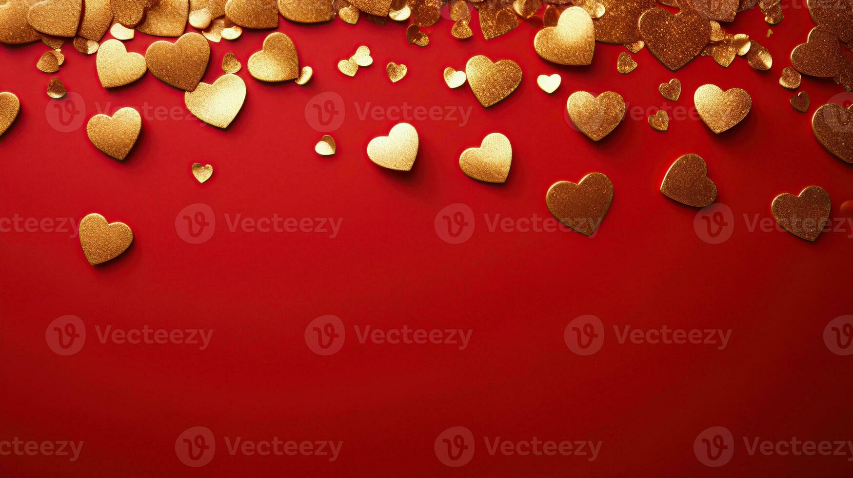 AI generated Golden confetti and pink hearts on a red background, copy space. Background of Valentines day concept. photo