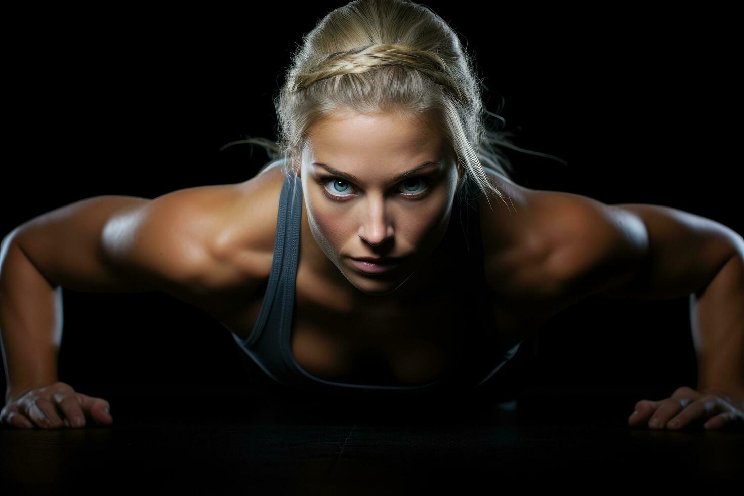 AI generated Beautiful sporty woman doing push-ups on a black background, A fitness girl doing push-ups on a black background, head section cropped, faces not revealed, AI Generated photo