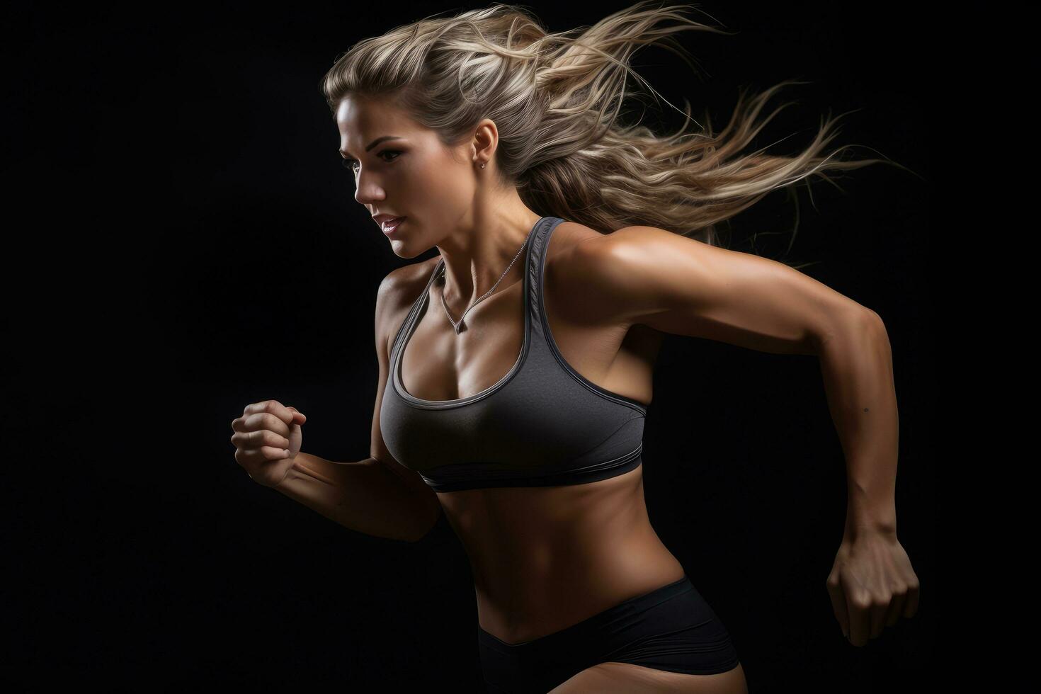AI generated Beautiful sporty woman running on black background. Studio shot, A fitness girl in running positions on a black background, top section cropped, side view, AI Generated photo