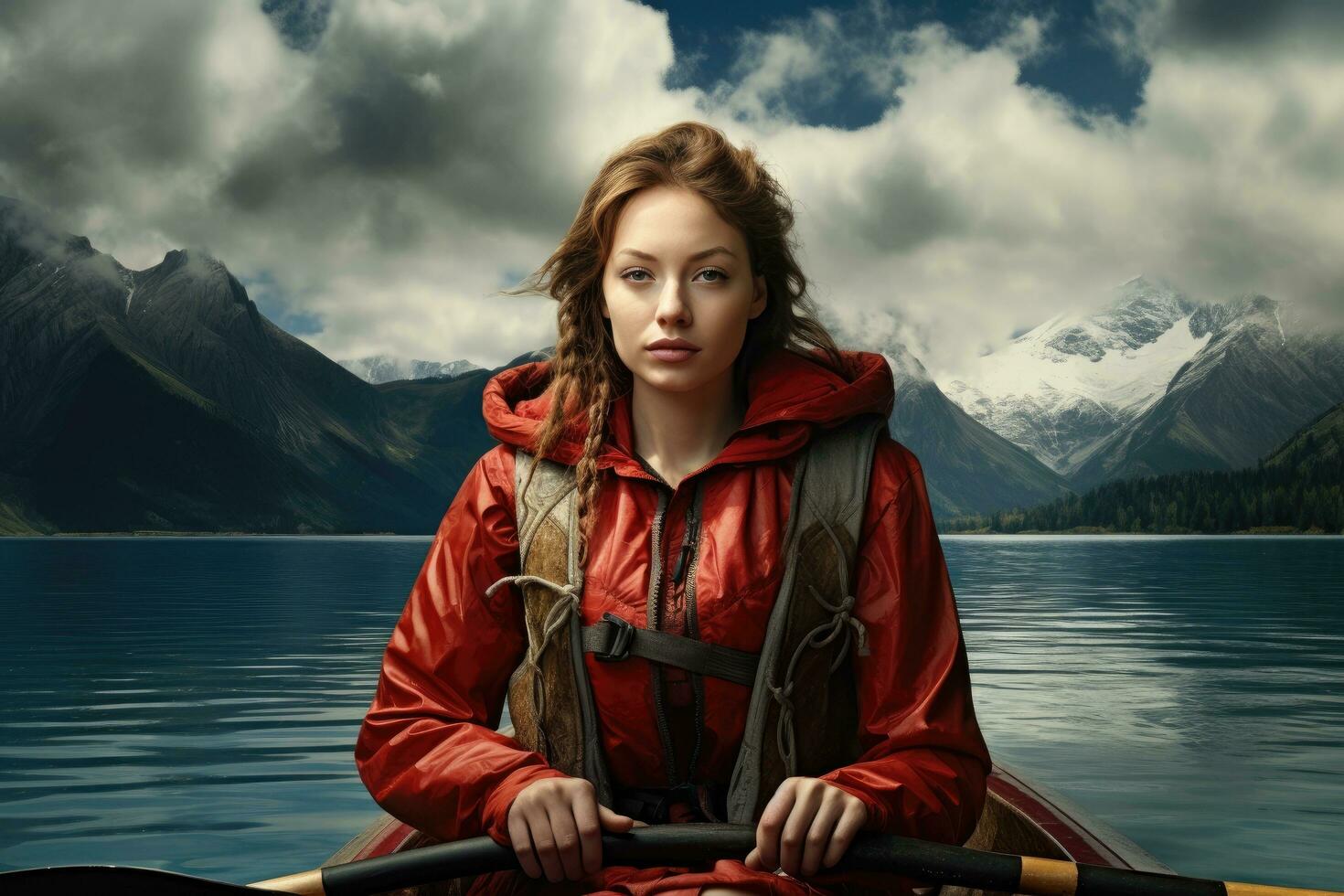 AI generated Beautiful young woman kayaking on a lake in the mountains, A female hiker walking in the mountains, no visible faces, natural background, AI Generated photo