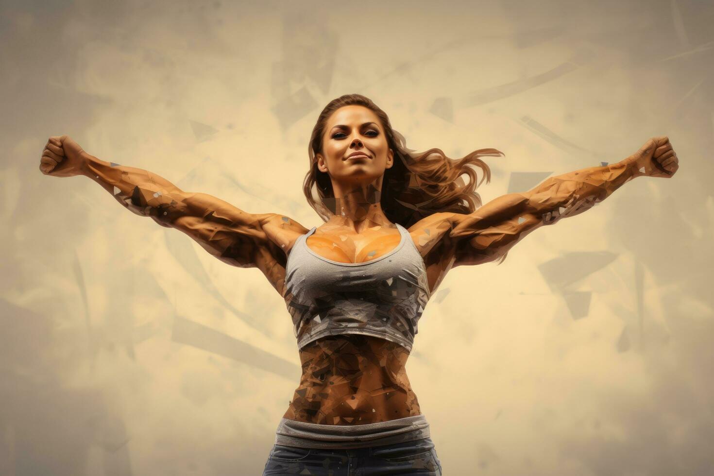 AI generated Portrait of a beautiful fitness woman flexing her muscles over grunge background, A fitness girl with arms stretched out, displaying detailed muscles, AI Generated photo