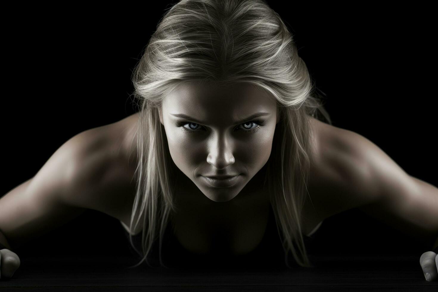 AI generated Portrait of a beautiful sexy blonde woman on a black background, A fitness girl doing push-ups on a black background, head section cropped, faces not revealed, AI Generated photo
