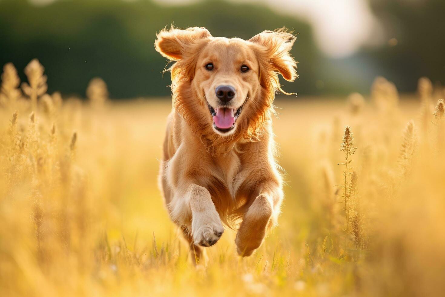 AI generated Golden Retriever running in the field. Golden Retriever dog, A Golden Retriever dog runs energetically in a field with a blurred background, AI Generated photo