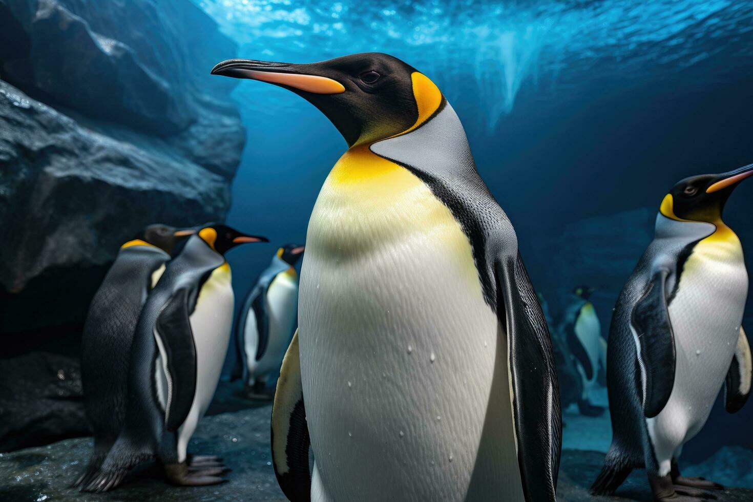 AI generated King penguin in the deep blue water. 3d rendering, A group of king penguins captivates observers in the zoo, showcasing a wildlife scene from nature, AI Generated photo