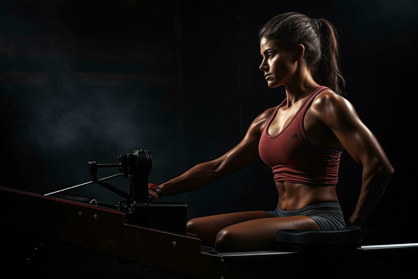 AI generated Athletic woman working out in the gym. Fitness, bodybuilding and healthy lifestyle concept, A female exercising with rowing machines, top section cropped, side view, faces, AI Generated photo
