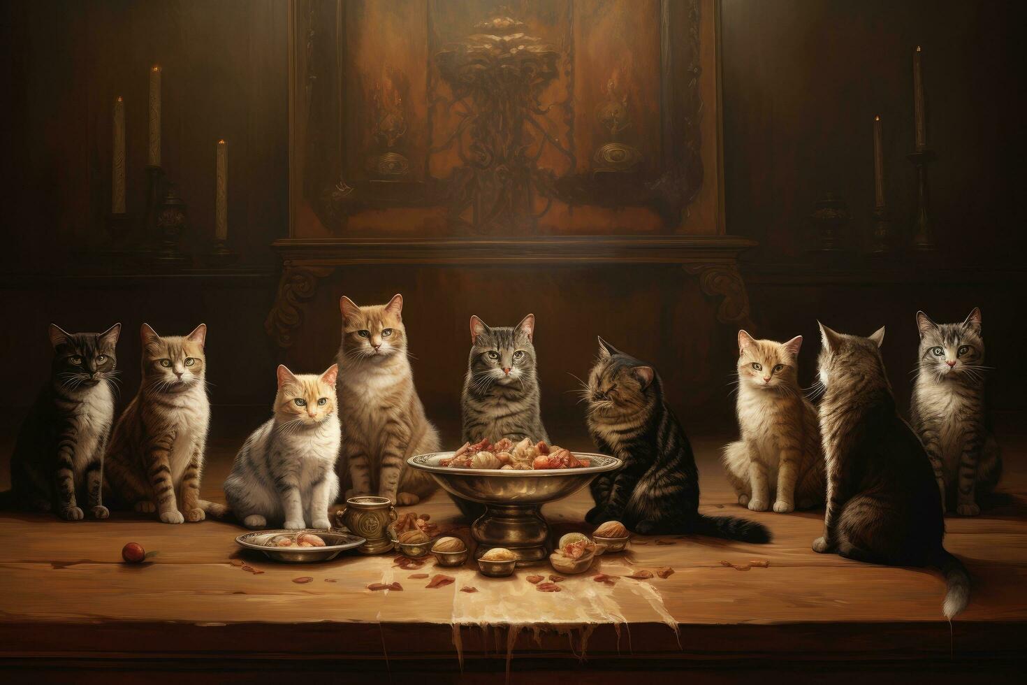 AI generated Three cats sitting in a dark room with a bowl of food, A group of cats lined up with a bowl of food on the floor, AI Generated photo