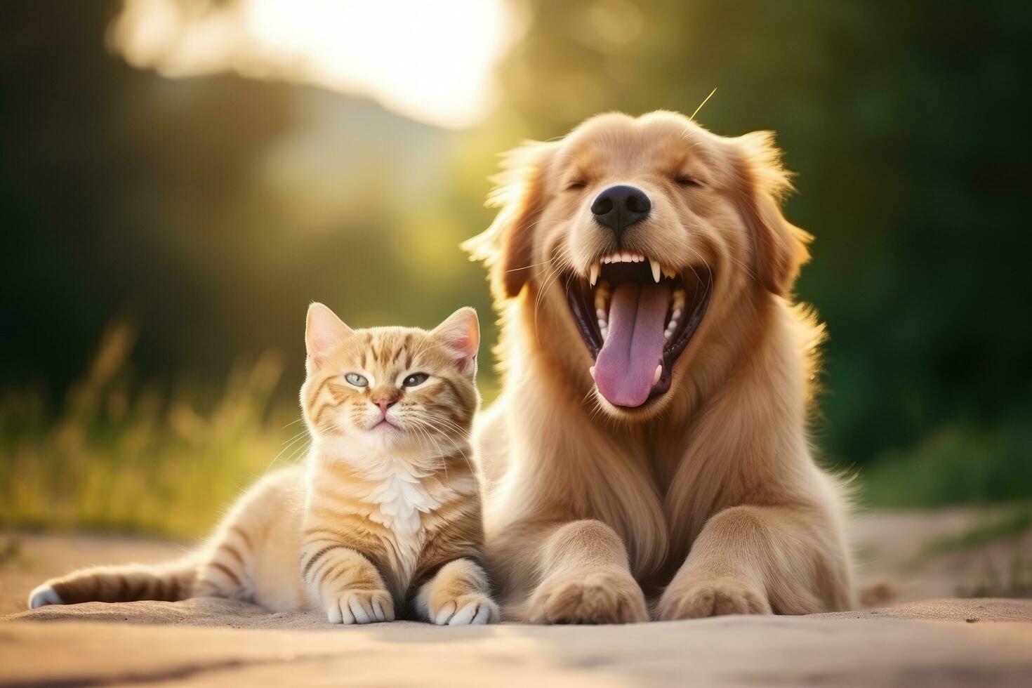AI generated Golden Retriever dog and tabby cat together in the garden, A cute cat with green eyes lying on a bed and gazing upward, AI Generated photo
