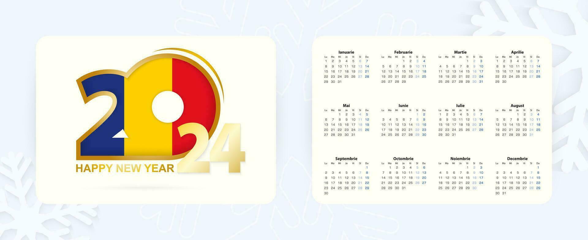 horizontal bolsillo calendario 2024 en rumano idioma. nuevo año 2024 icono con bandera de Rumania. vector