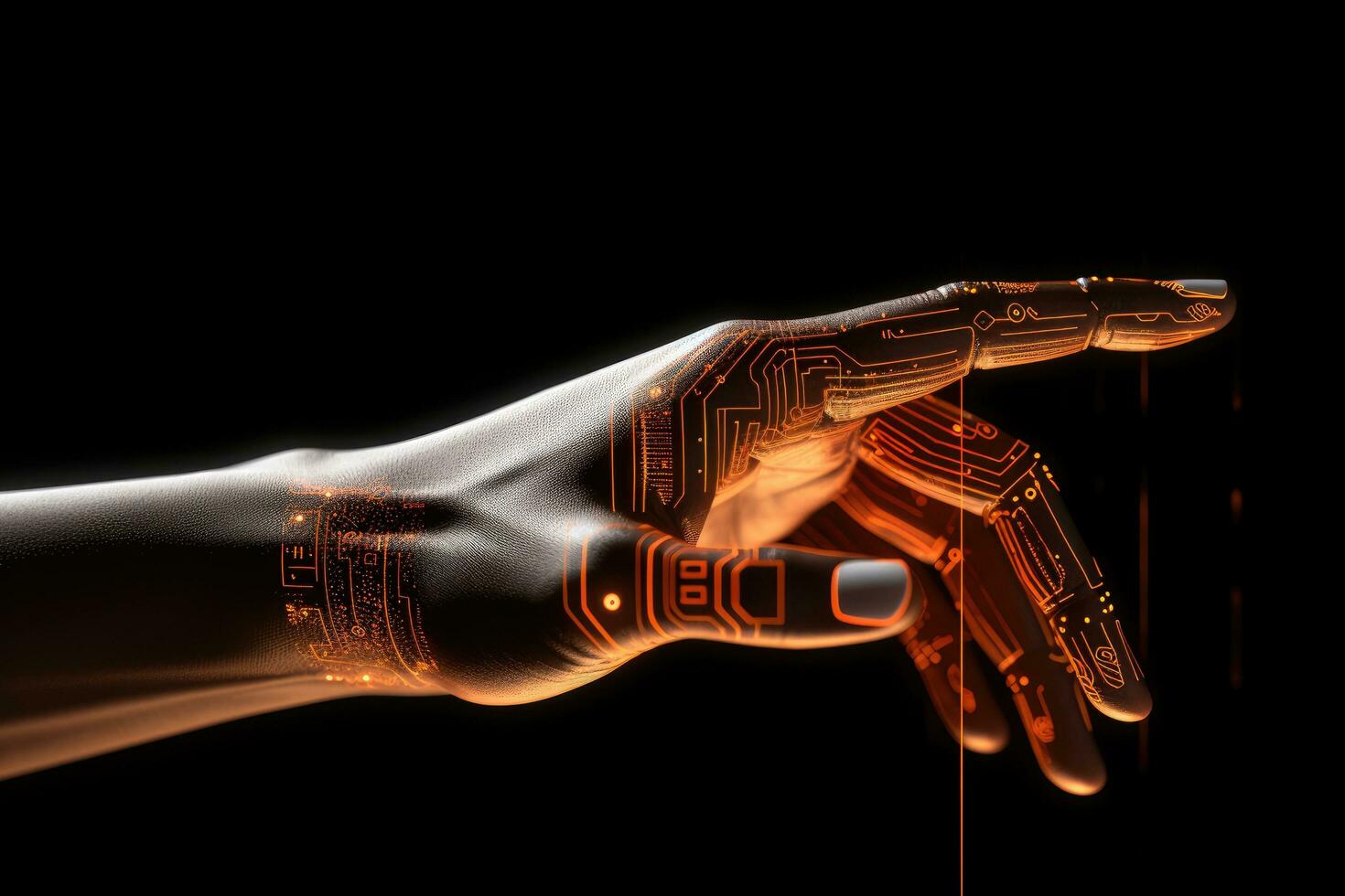 AI generated 3d rendering of robot hand touching virtual screen isolated on black background, A close-up captures a human hand touching an icon on a media screen in a 3D rendering, AI Generated photo