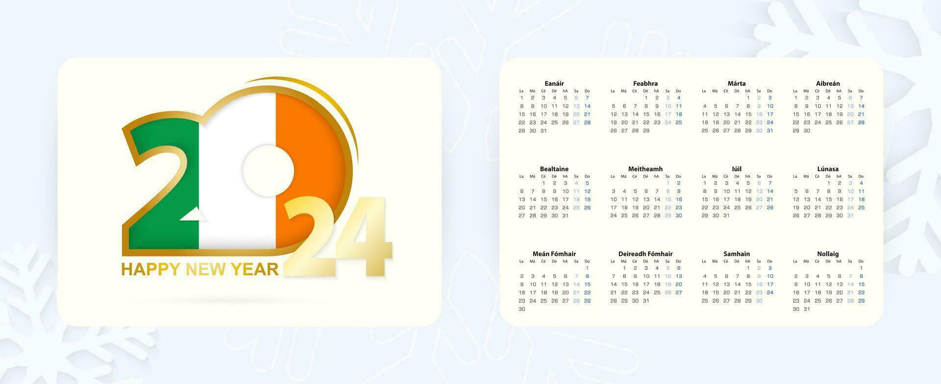 Horizontal Pocket Calendar 2024 in Irish language. New Year 2024 icon with flag of Ireland. vector