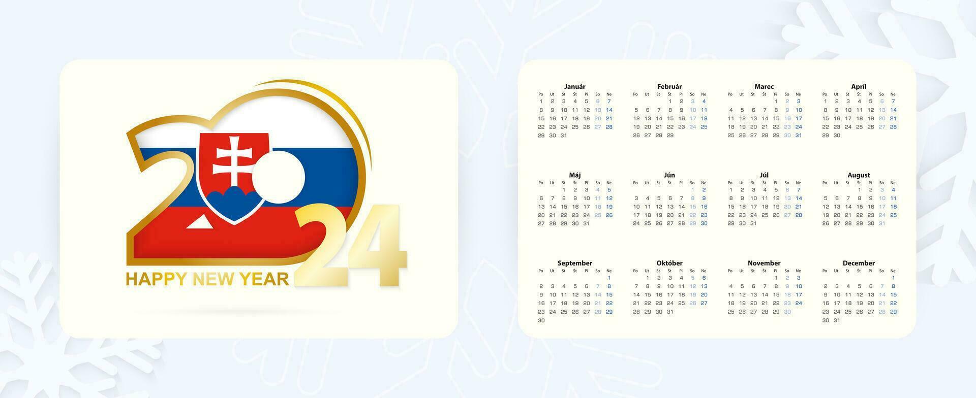 Horizontal Pocket Calendar 2024 in Slovak language. New Year 2024 icon with flag of Slovakia. vector