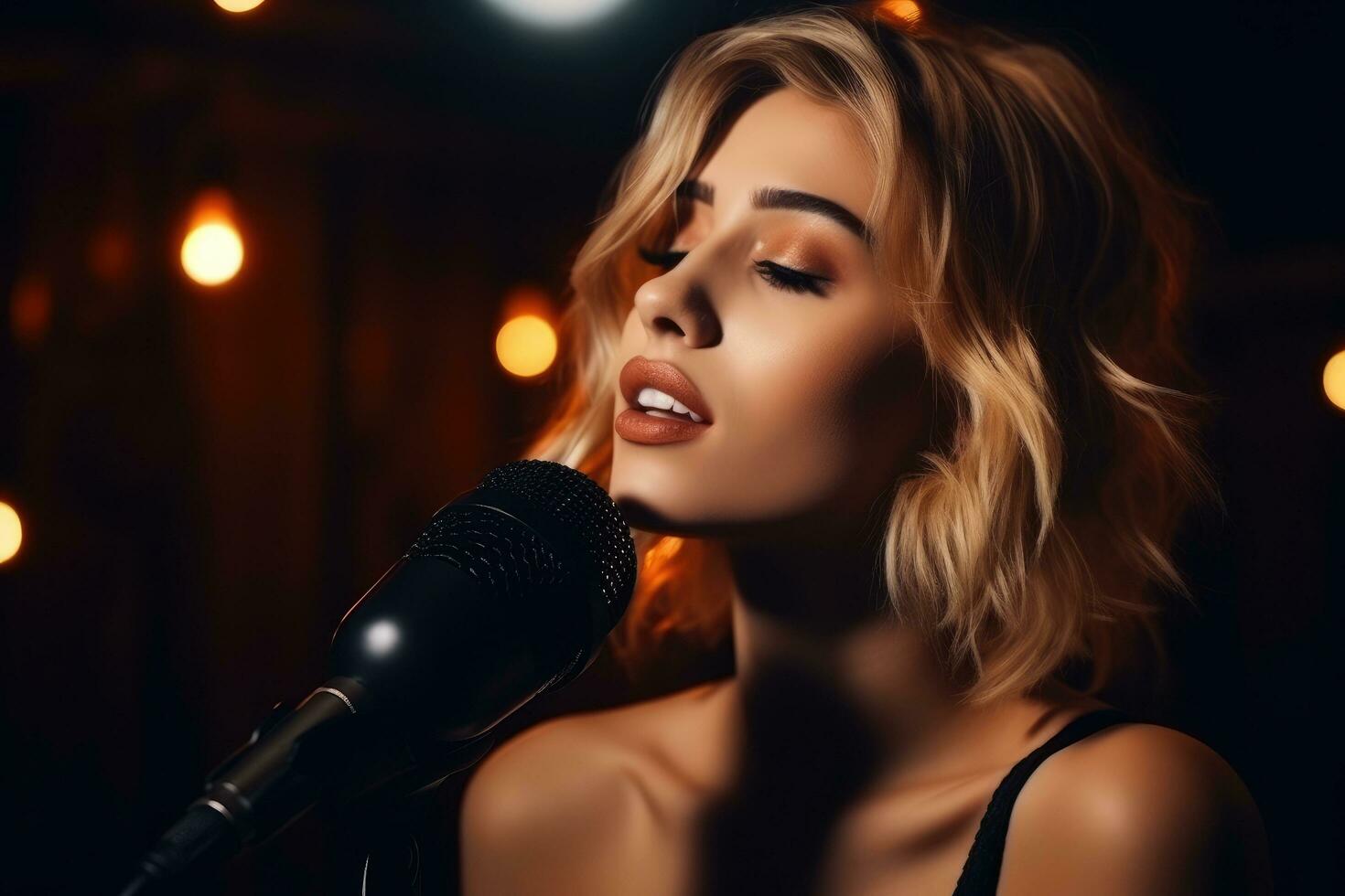 AI generated Beautiful young woman singing into a microphone. Beauty, fashion, A beautiful young woman sings into a microphone on a dark background, AI Generated photo
