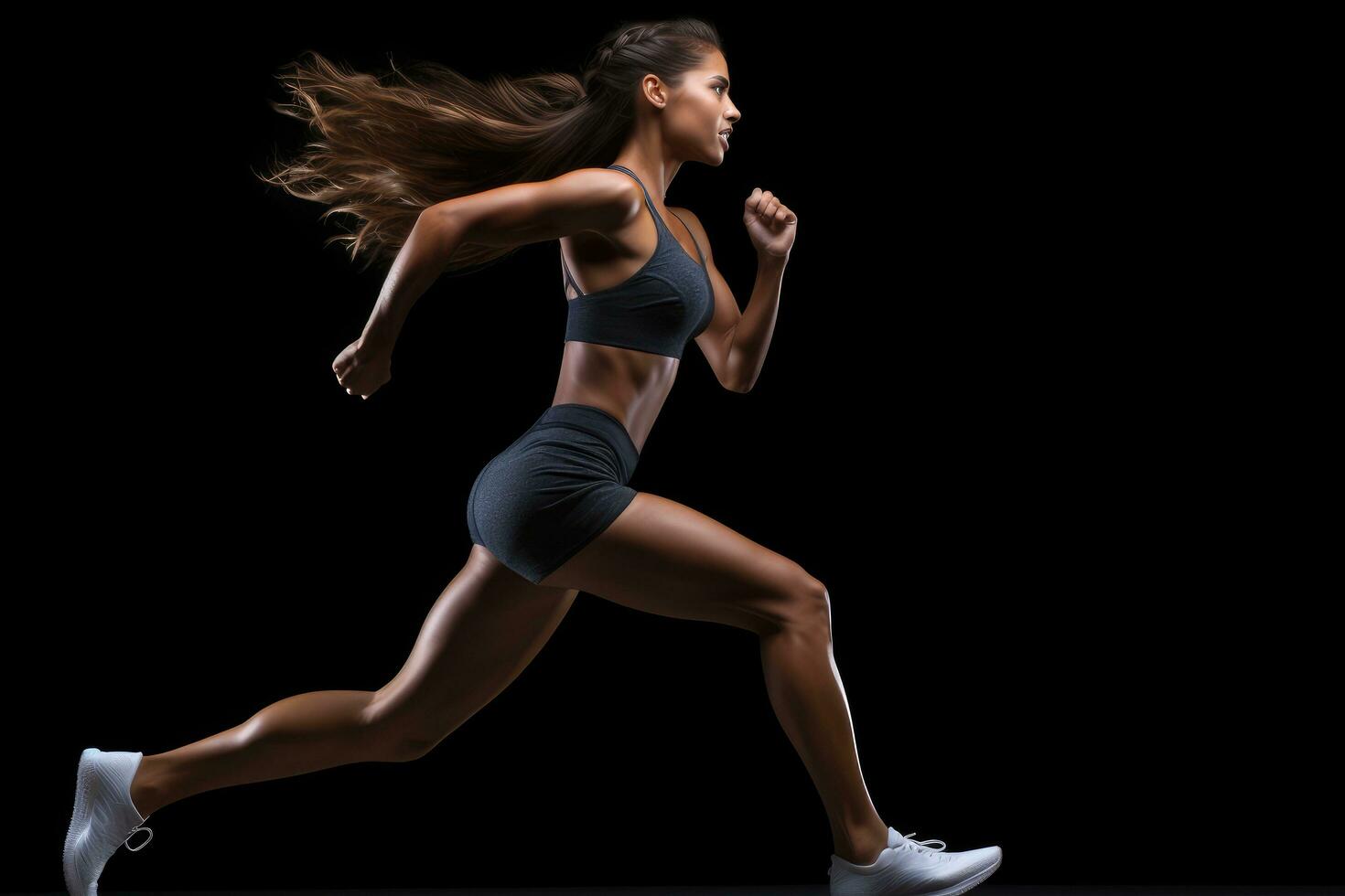 AI generated Side view of a beautiful sporty young woman running against black background, A fitness girl in running positions on a black background, top section cropped, side view, AI Generated photo