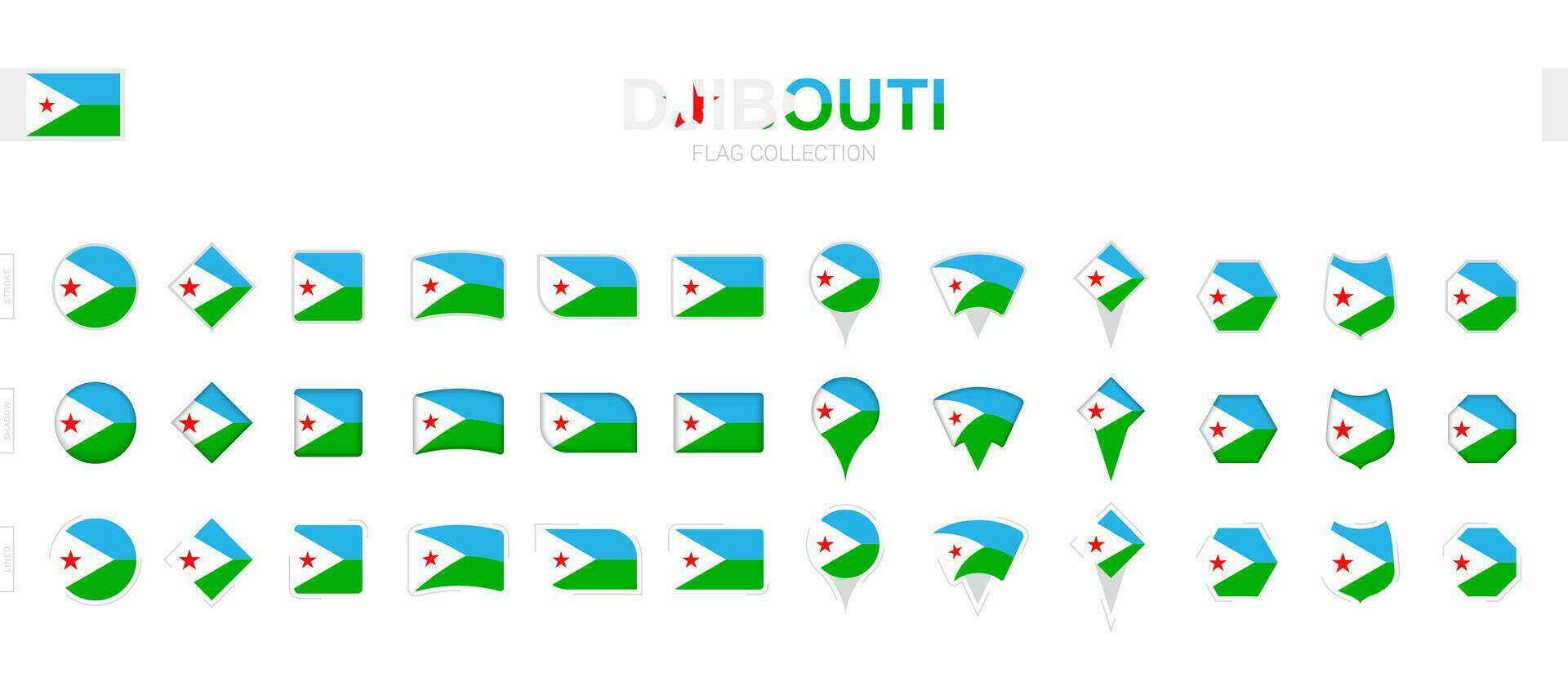 Large collection of Djibouti flags of various shapes and effects. vector