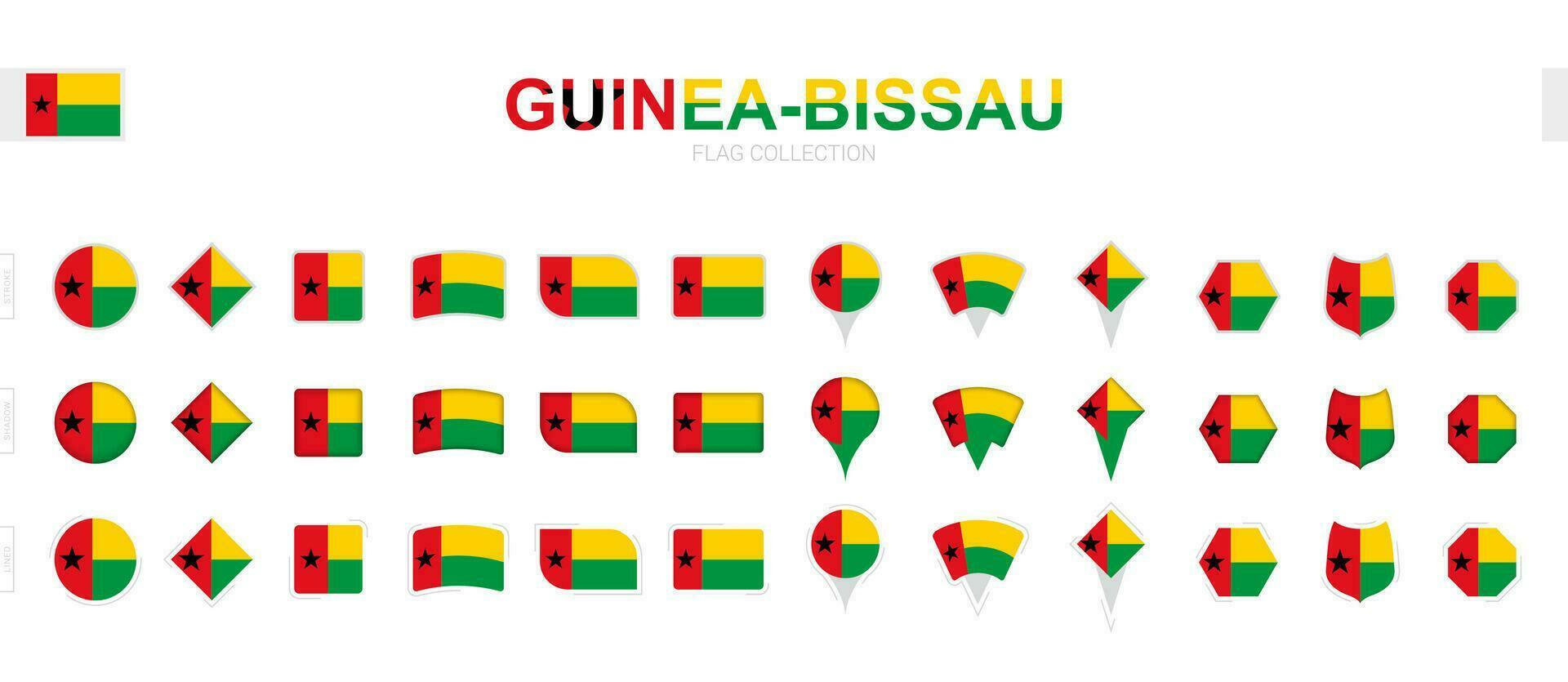 Large collection of Guinea-Bissau flags of various shapes and effects. vector
